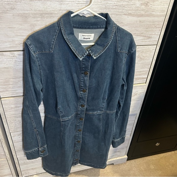 Reformation Arizona Button Down Denim Mini Dress Size 12 - Picture 3 of 8